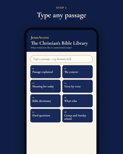 Home screen of the library with the passage search and the eight tools