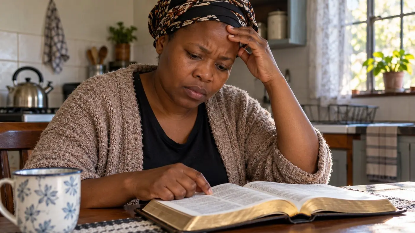 A woman at her kitchen table reading the same Bible verse again, trying to understand it