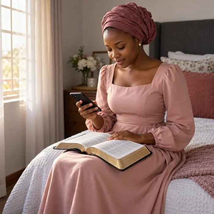 A woman reading her Bible and phone before going to church