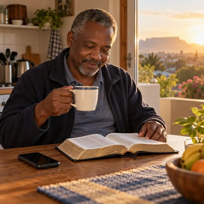 A man reading the Bible at his kitchen table in the morning