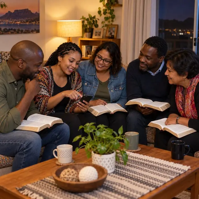 A small Bible study group in a living room