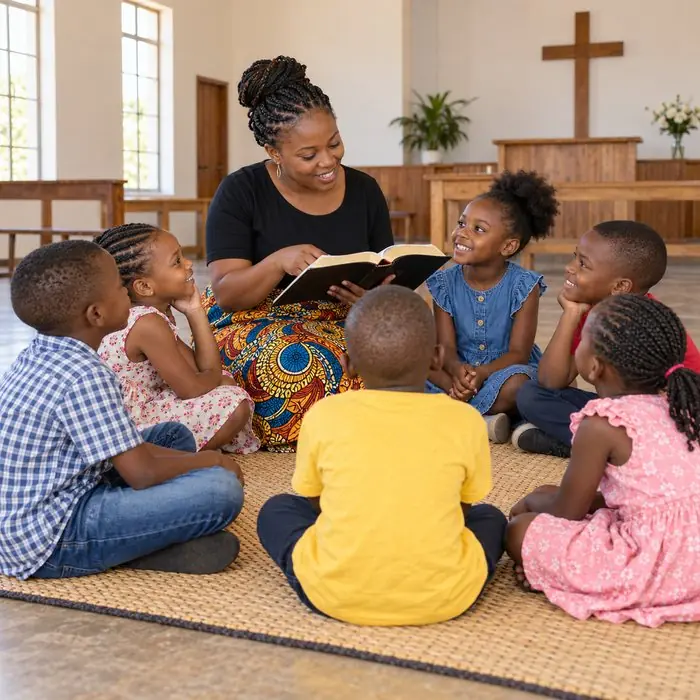 A Sunday school teacher reading a Bible story to children